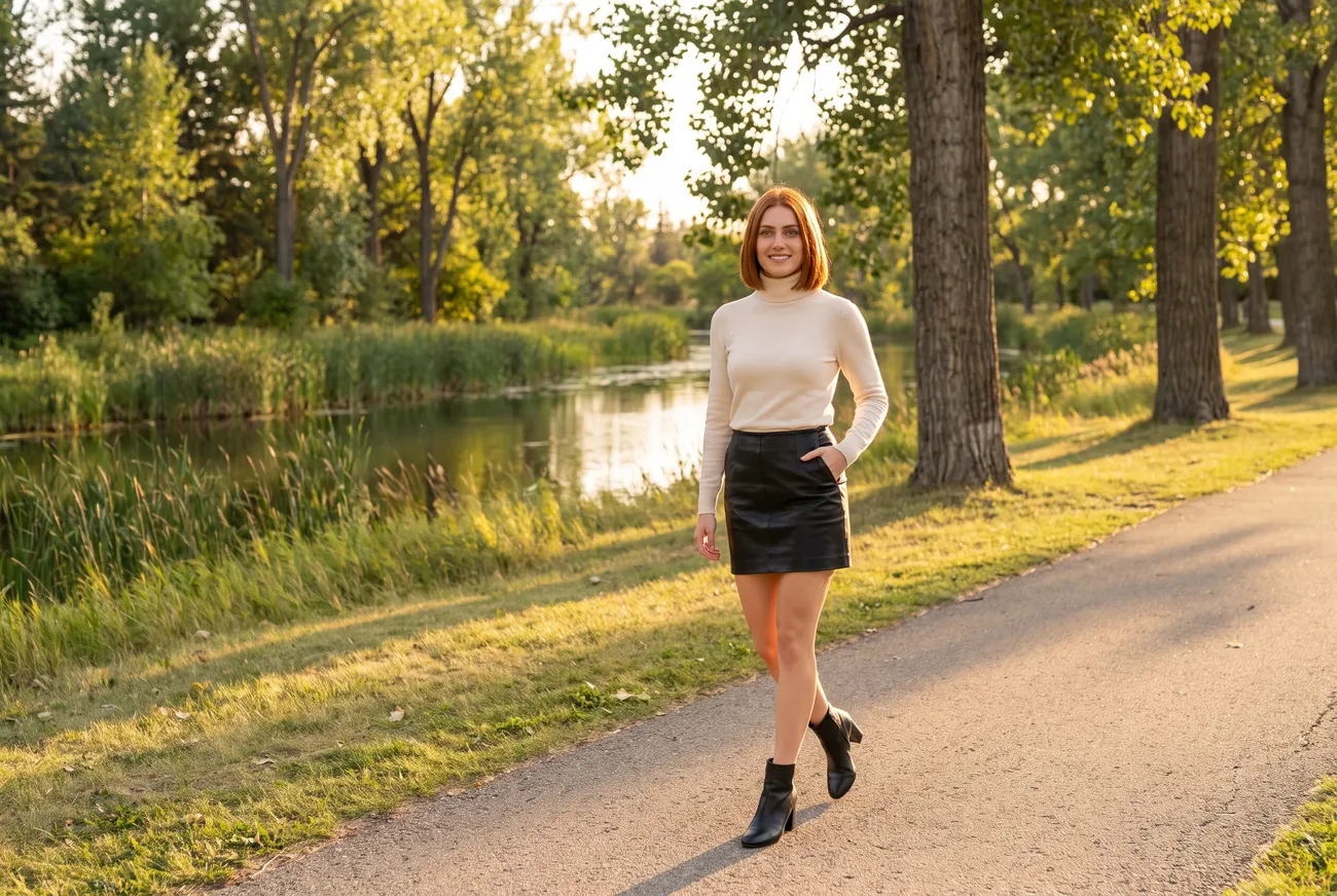 Woman walking by a creek under cottonwoods